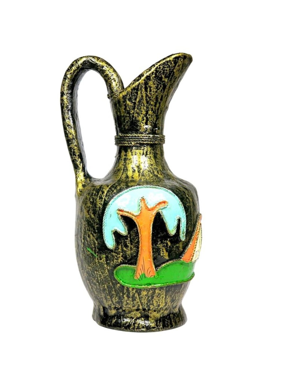 Mexican Pottery Abstract Trees & House Pitcher Vintage MCM Folk Art Decor